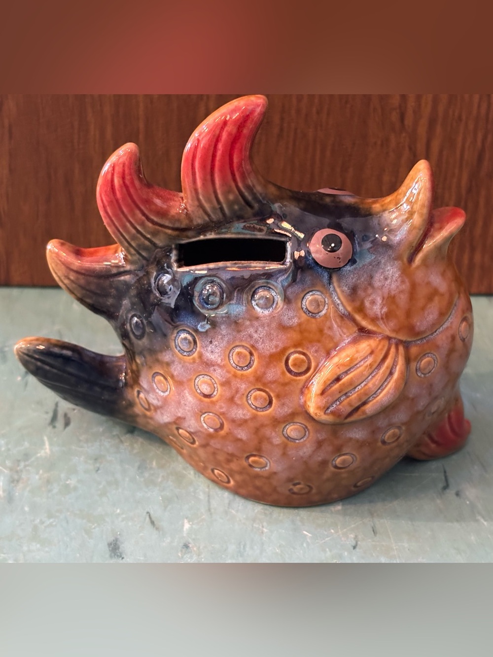 Vintage ceramic puffer fish coin bank